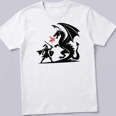 A bold silhouette of a knight and dragon battling in black, red, and white