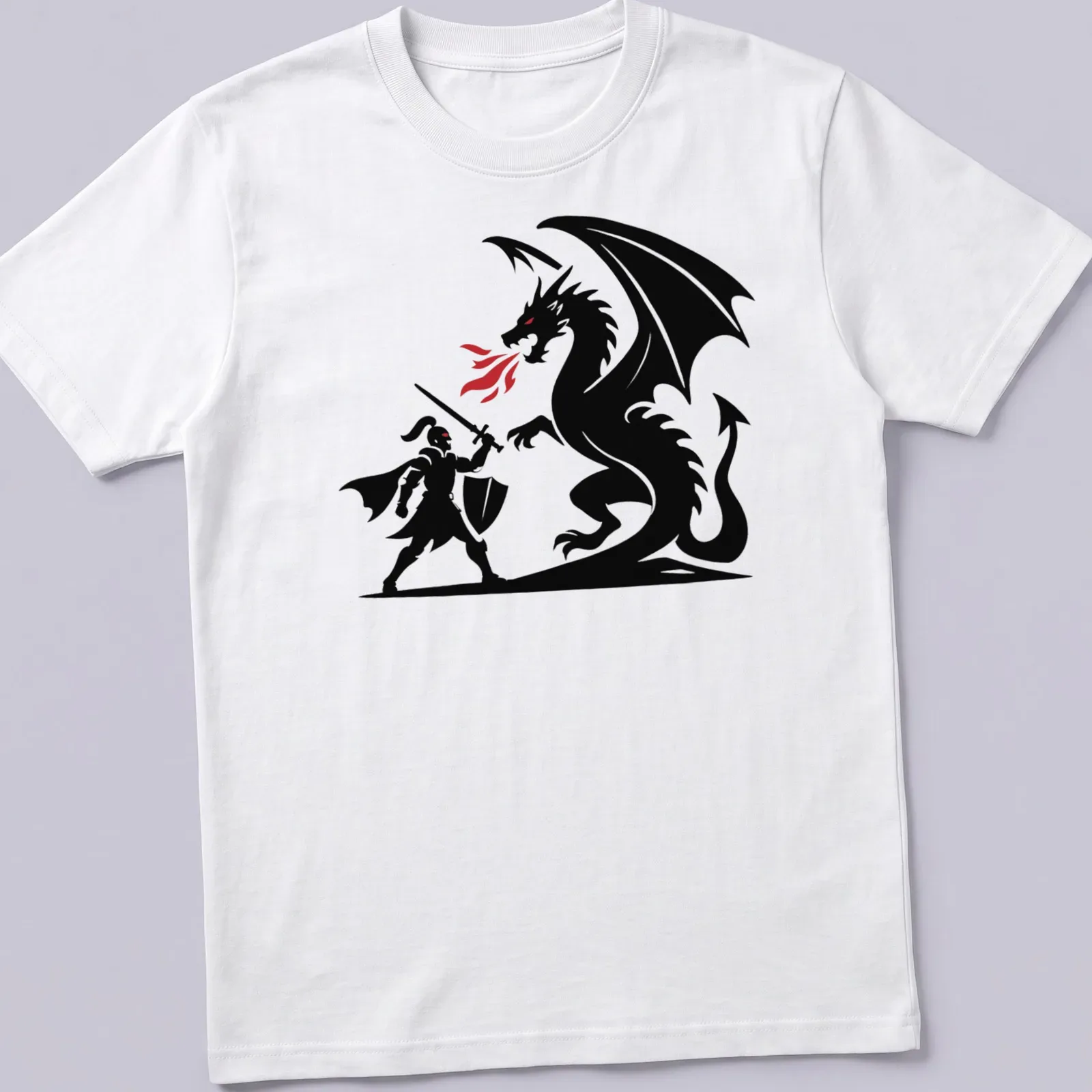 A bold silhouette of a knight and dragon battling in black, red, and white — printed on a unisex t-shirt