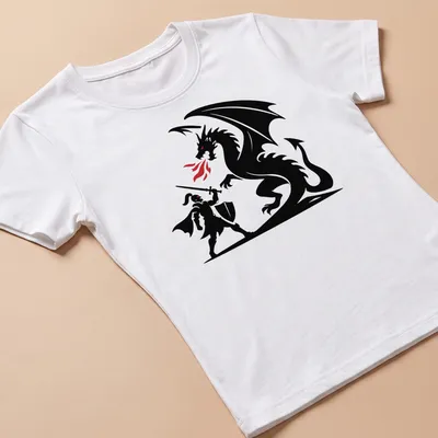 A bold silhouette of a knight and dragon battling in black, red, and white — printed on a women's shirt