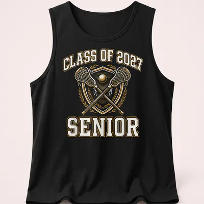Vintage emblem t-shirt for lacrosse seniors graduating in 2027 in gold and white — printed on a tank top