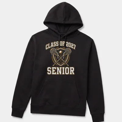 Vintage emblem t-shirt for lacrosse seniors graduating in 2027 in gold and white — printed on a unisex hoodie