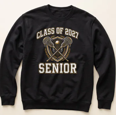 Vintage emblem t-shirt for lacrosse seniors graduating in 2027 in gold and white — printed on a unisex sweatshirt