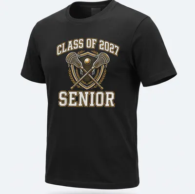 Vintage emblem t-shirt for lacrosse seniors graduating in 2027 in gold and white