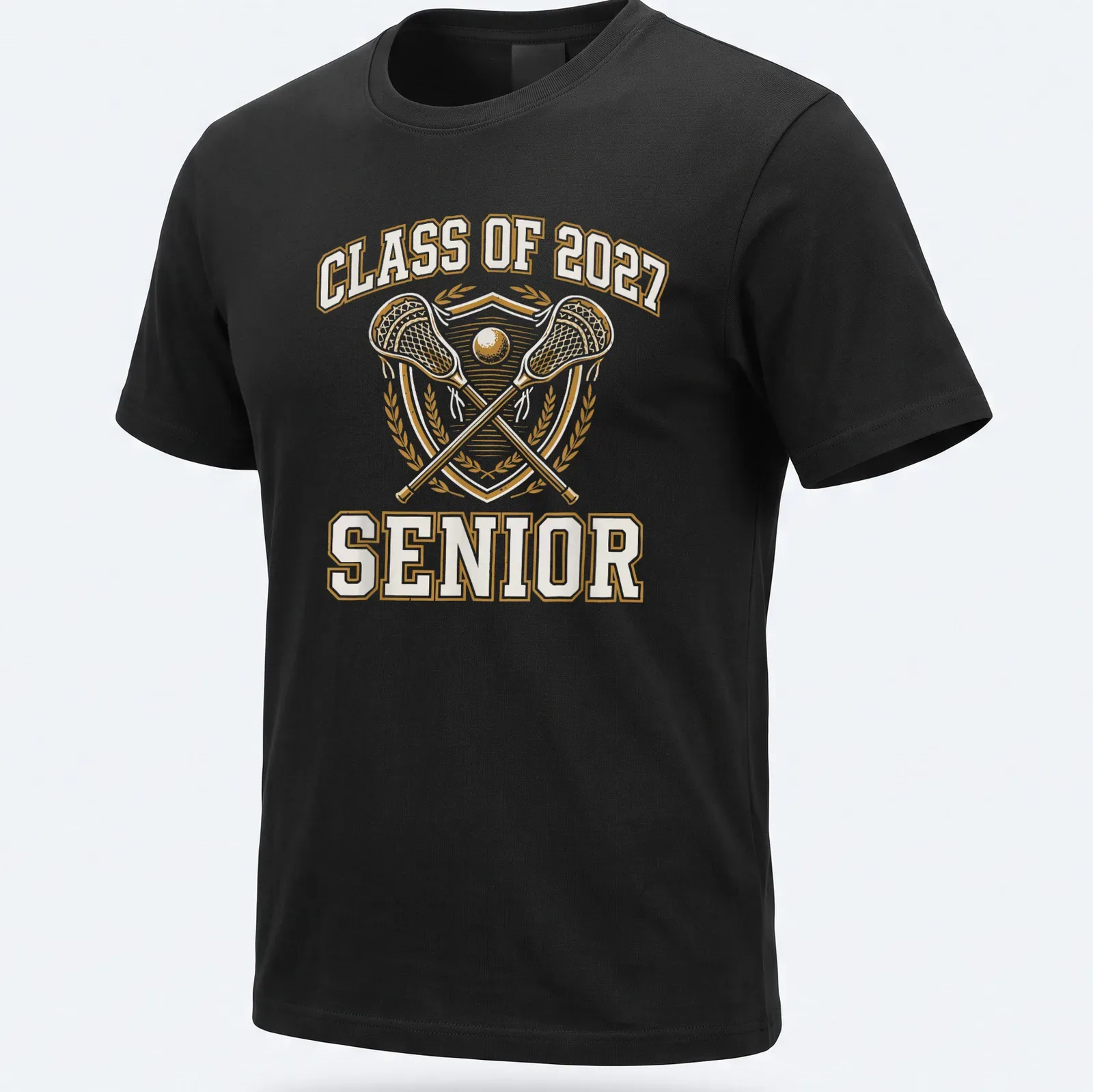 Vintage emblem t-shirt for lacrosse seniors graduating in 2027 in gold and white — printed on a unisex t-shirt