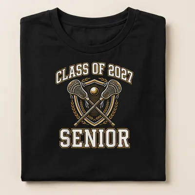 Vintage emblem t-shirt for lacrosse seniors graduating in 2027 in gold and white — printed on a women's shirt