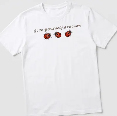 Whimsical ladybug illustration above the text 'G;ve yourself a reason' in red, black, and brown.