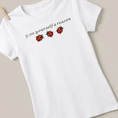 Whimsical ladybug illustration above the text 'G;ve yourself a reason' in red, black, and brown. — printed on a women's shirt