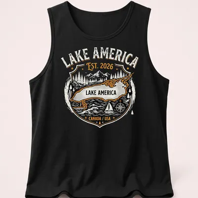 Vintage badge design with Lake America text in black, orange, and white — printed on a tank top