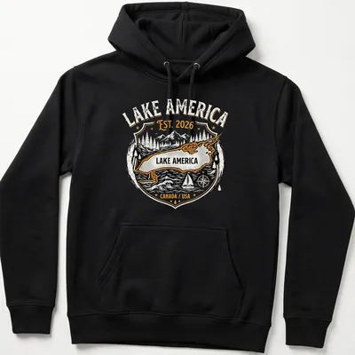 Vintage badge design with Lake America text in black, orange, and white — printed on a unisex hoodie