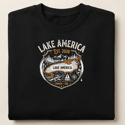 Vintage badge design with Lake America text in black, orange, and white — printed on a unisex sweatshirt
