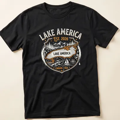 Vintage badge design with Lake America text in black, orange, and white