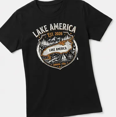 Vintage badge design with Lake America text in black, orange, and white — printed on a women's shirt