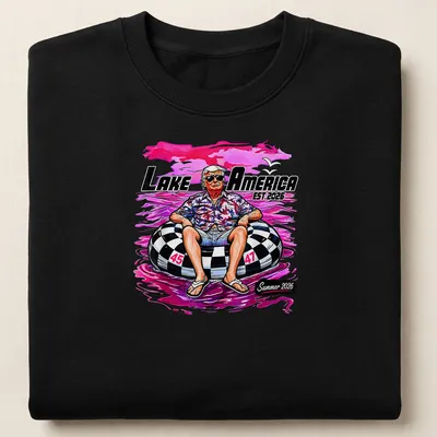 Colorful cartoon of a man in a Hawaiian shirt on an inflatable tube with lake theme. — printed on a unisex sweatshirt