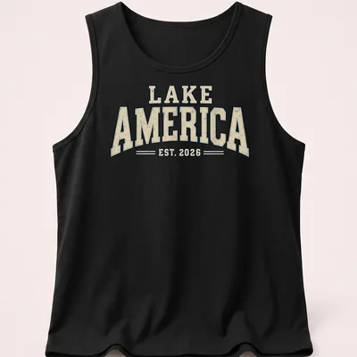 Vintage design featuring Lake America EST. 2026 text in cream, navy, and beige. — printed on a tank top