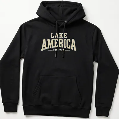 Vintage design featuring Lake America EST. 2026 text in cream, navy, and beige. — printed on a unisex hoodie