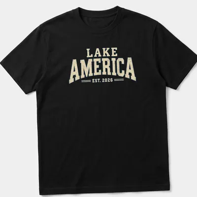 Vintage design featuring Lake America EST. 2026 text in cream, navy, and beige.