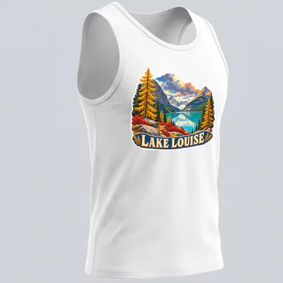 Vintage Lake Louise shirt with mountain landscape and nostalgic colors — printed on a tank top