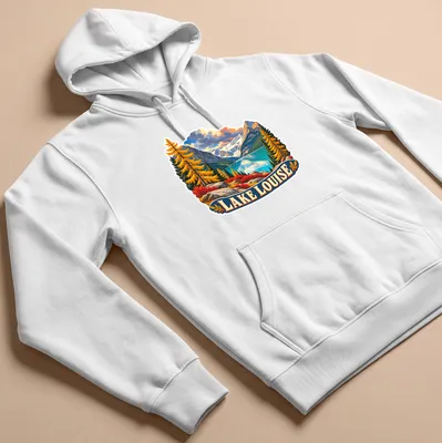 Vintage Lake Louise shirt with mountain landscape and nostalgic colors — printed on a unisex hoodie