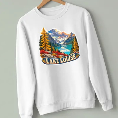 Vintage Lake Louise shirt with mountain landscape and nostalgic colors — printed on a unisex sweatshirt