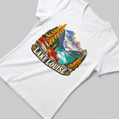 Vintage Lake Louise shirt with mountain landscape and nostalgic colors — printed on a women's shirt
