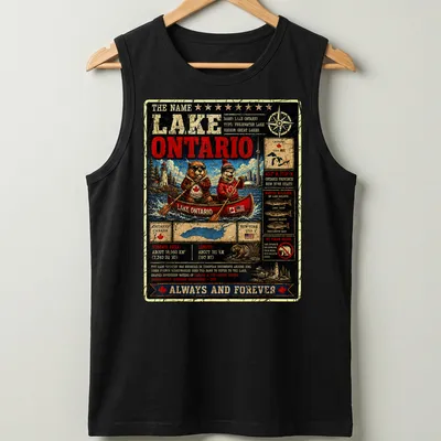 Vintage distressed T-shirt featuring beavers in a canoe with text about Lake Ontario — printed on a tank top