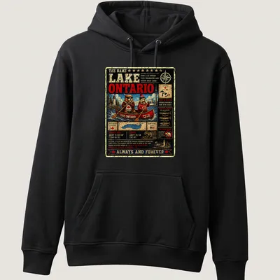 Vintage distressed T-shirt featuring beavers in a canoe with text about Lake Ontario — printed on a unisex hoodie