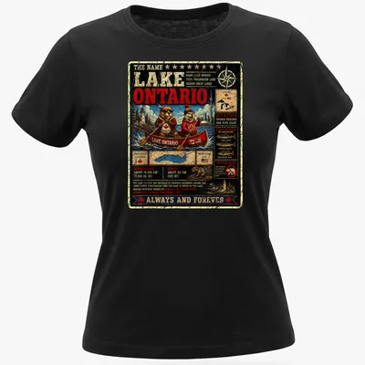 Vintage distressed T-shirt featuring beavers in a canoe with text about Lake Ontario — printed on a women's shirt