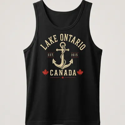 Retro vintage Lake Ontario T-shirt featuring an anchor graphic and bold text — printed on a tank top