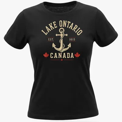 Retro vintage Lake Ontario T-shirt featuring an anchor graphic and bold text — printed on a women's shirt