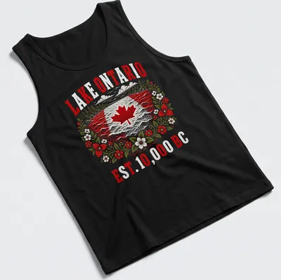 Vintage distressed Lake Ontario shirt with Canadian Maple Leaf Flag — printed on a tank top