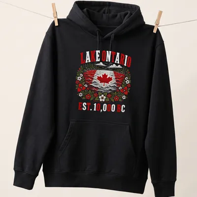 Vintage distressed Lake Ontario shirt with Canadian Maple Leaf Flag — printed on a unisex hoodie