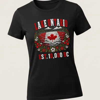 Vintage distressed Lake Ontario shirt with Canadian Maple Leaf Flag — printed on a women's shirt