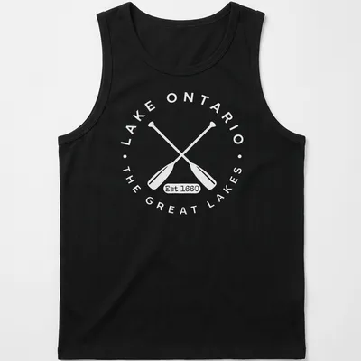 Vintage retro Lake Ontario t-shirt with 'Est 1660' text above lake silhouette — printed on a tank top