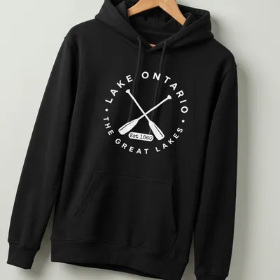 Vintage retro Lake Ontario t-shirt with 'Est 1660' text above lake silhouette — printed on a unisex hoodie
