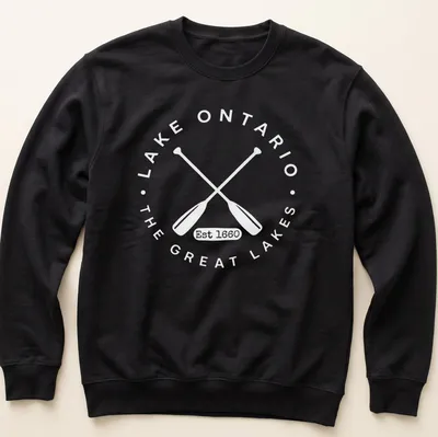 Vintage retro Lake Ontario t-shirt with 'Est 1660' text above lake silhouette — printed on a unisex sweatshirt