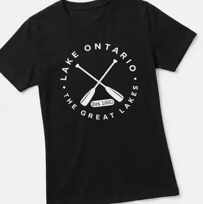 Vintage retro Lake Ontario t-shirt with 'Est 1660' text above lake silhouette — printed on a women's shirt