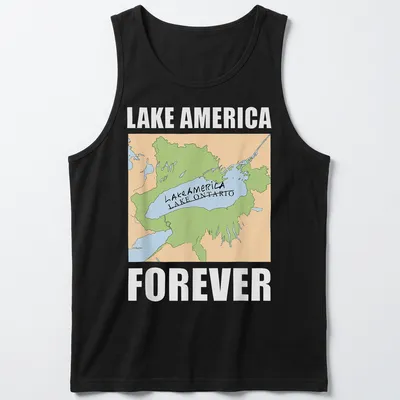 Illustrated map of Lake Ontario with text: Lake America Lake Ontario Forever — printed on a tank top