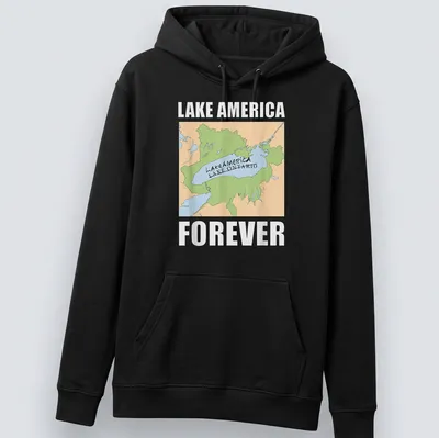 Illustrated map of Lake Ontario with text: Lake America Lake Ontario Forever — printed on a unisex hoodie