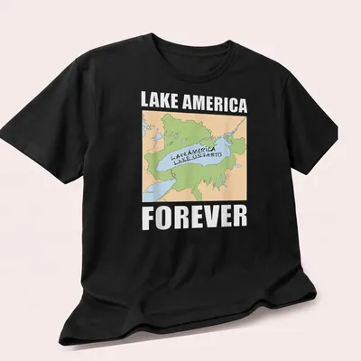 Illustrated map of Lake Ontario with text: Lake America Lake Ontario Forever — printed on a unisex t-shirt (angled view)
