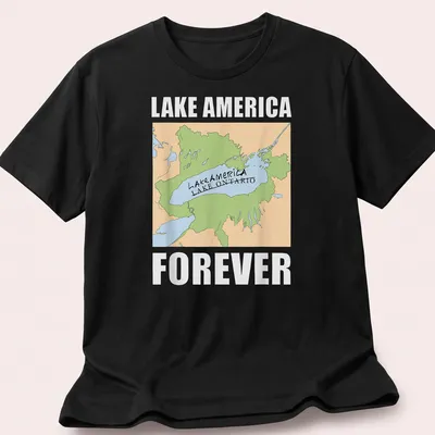 Illustrated map of Lake Ontario with text: Lake America Lake Ontario Forever