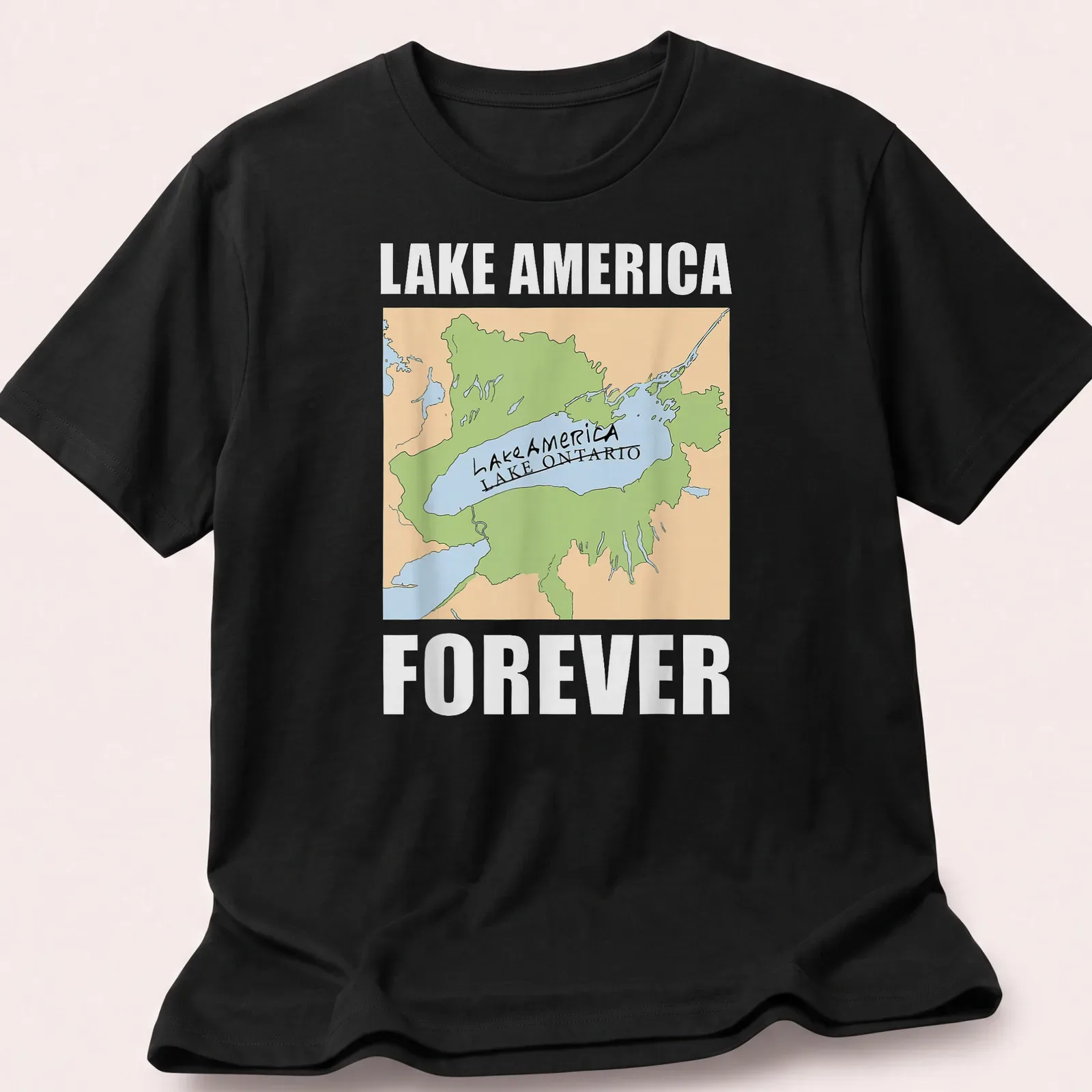 Illustrated map of Lake Ontario with text: Lake America Lake Ontario Forever — printed on a unisex t-shirt