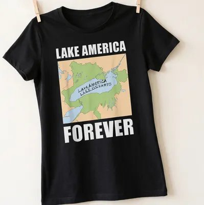 Illustrated map of Lake Ontario with text: Lake America Lake Ontario Forever — printed on a women's shirt