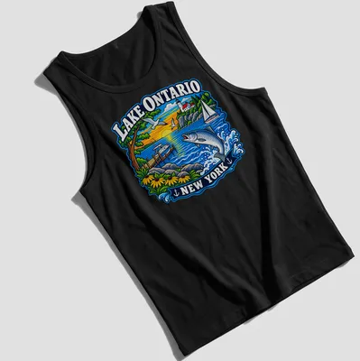 Vibrant illustration of a fishing scene at Lake Ontario with a boat. — printed on a tank top