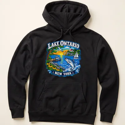Vibrant illustration of a fishing scene at Lake Ontario with a boat. — printed on a unisex hoodie