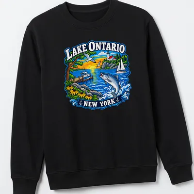 Vibrant illustration of a fishing scene at Lake Ontario with a boat. — printed on a unisex sweatshirt