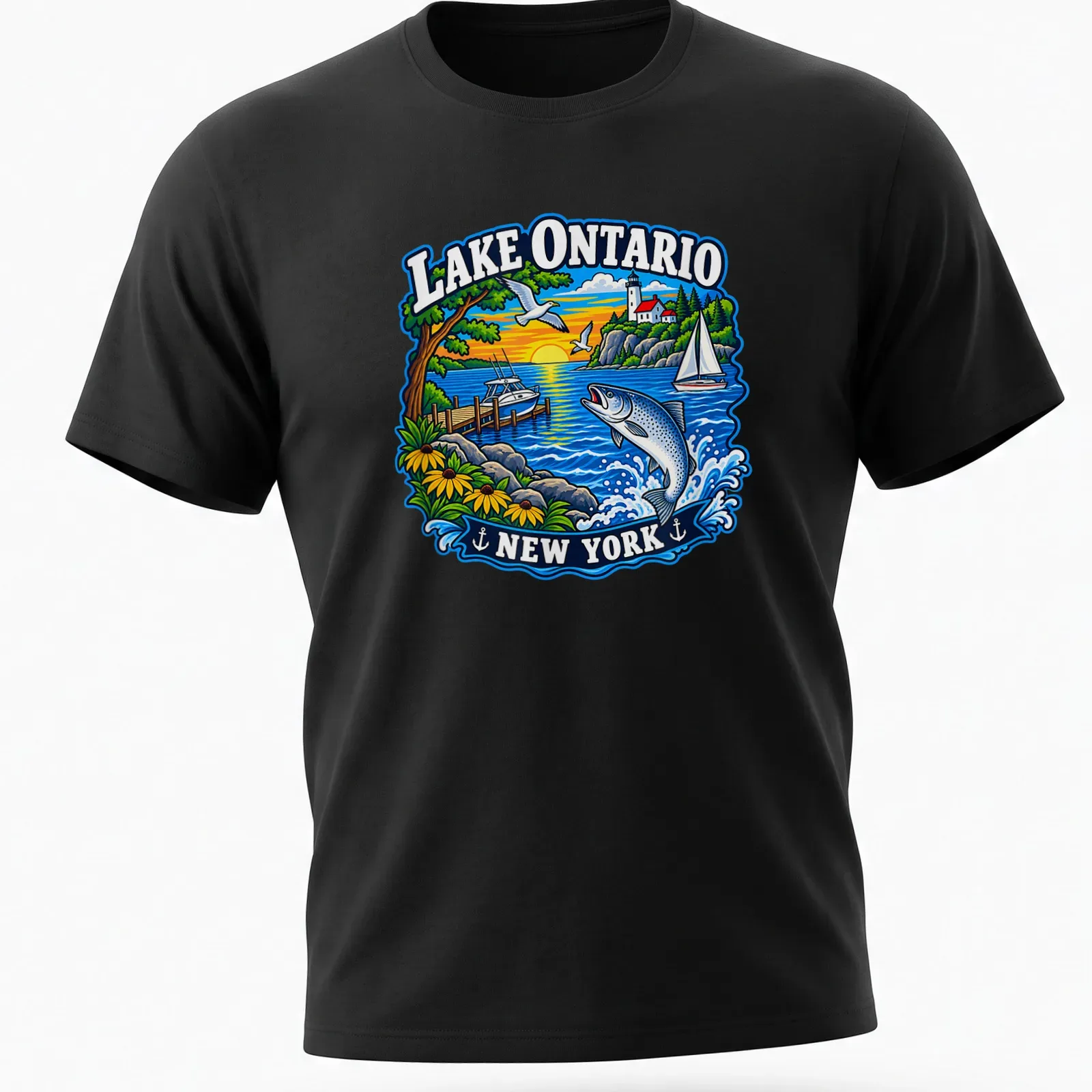 Vibrant illustration of a fishing scene at Lake Ontario with a boat. — printed on a unisex t-shirt