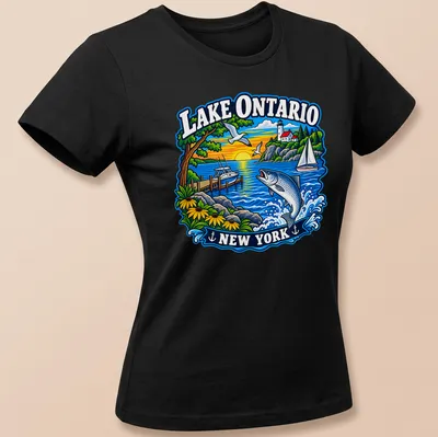 Vibrant illustration of a fishing scene at Lake Ontario with a boat. — printed on a women's shirt