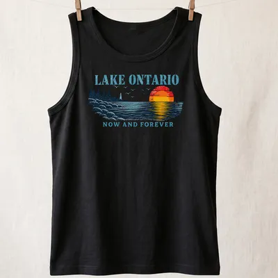 Retro sunset design with Lake Ontario text in bold colors and waves — printed on a tank top