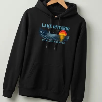Retro sunset design with Lake Ontario text in bold colors and waves — printed on a unisex hoodie