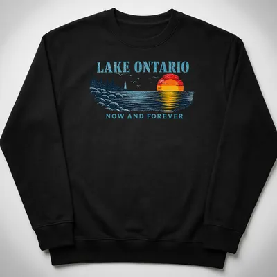 Retro sunset design with Lake Ontario text in bold colors and waves — printed on a unisex sweatshirt